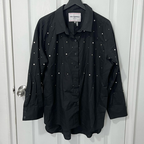 Karl Lagerfeld Paris Limited Women’s button Black Shirt with pearl Accents XL - Picture 1 of 9
